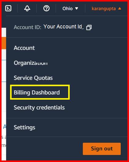 Picture showing the Billing Dashboard option in menu